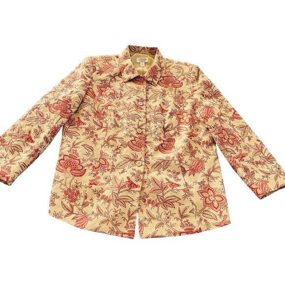Talbots Jackets & Blazers - TALBOTS Womens Blazer Size 14W Floral Birds Textured Cotton Silk Casual Jacket